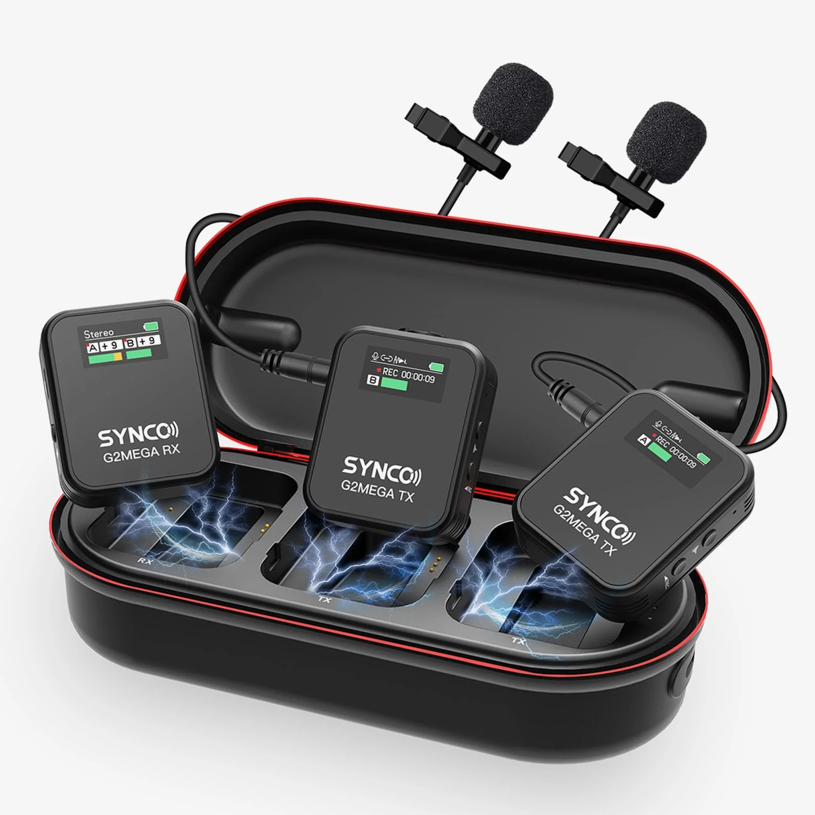 SYNCO G2 Mega Wireless Microphones for Filming with Charging Case, 24h Recording Total, 8GB Onboard Recording, 200m Transmission, TFT Screen